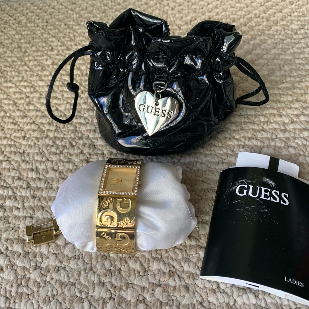 GUESS Women Bling Rhinestone Gold square Link Watch with Pouch